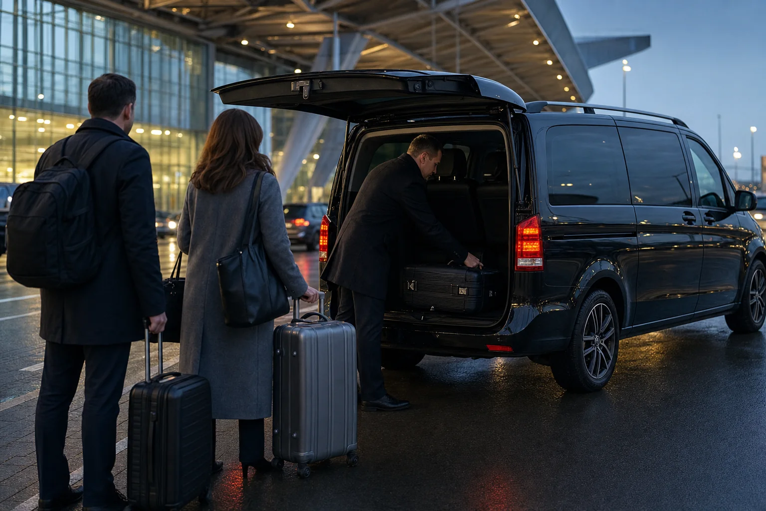 Водитель размещает багаж пассажиров в минивэне у терминала аэропорта